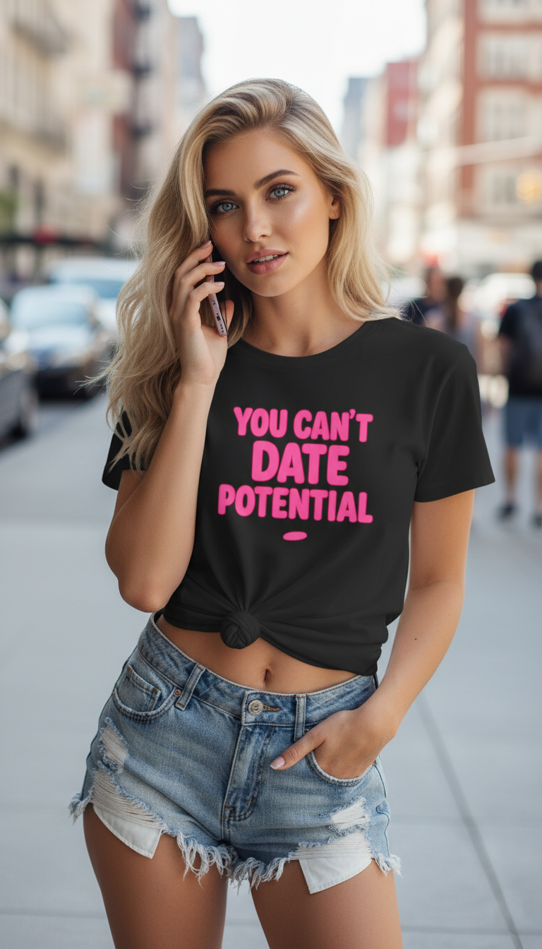 You Can't Date Potential; Funny Empowerment T-Shirt for Women | Self-Worth Quote Tee | Know Your Value Shirt | Red Flag Dating Humor
