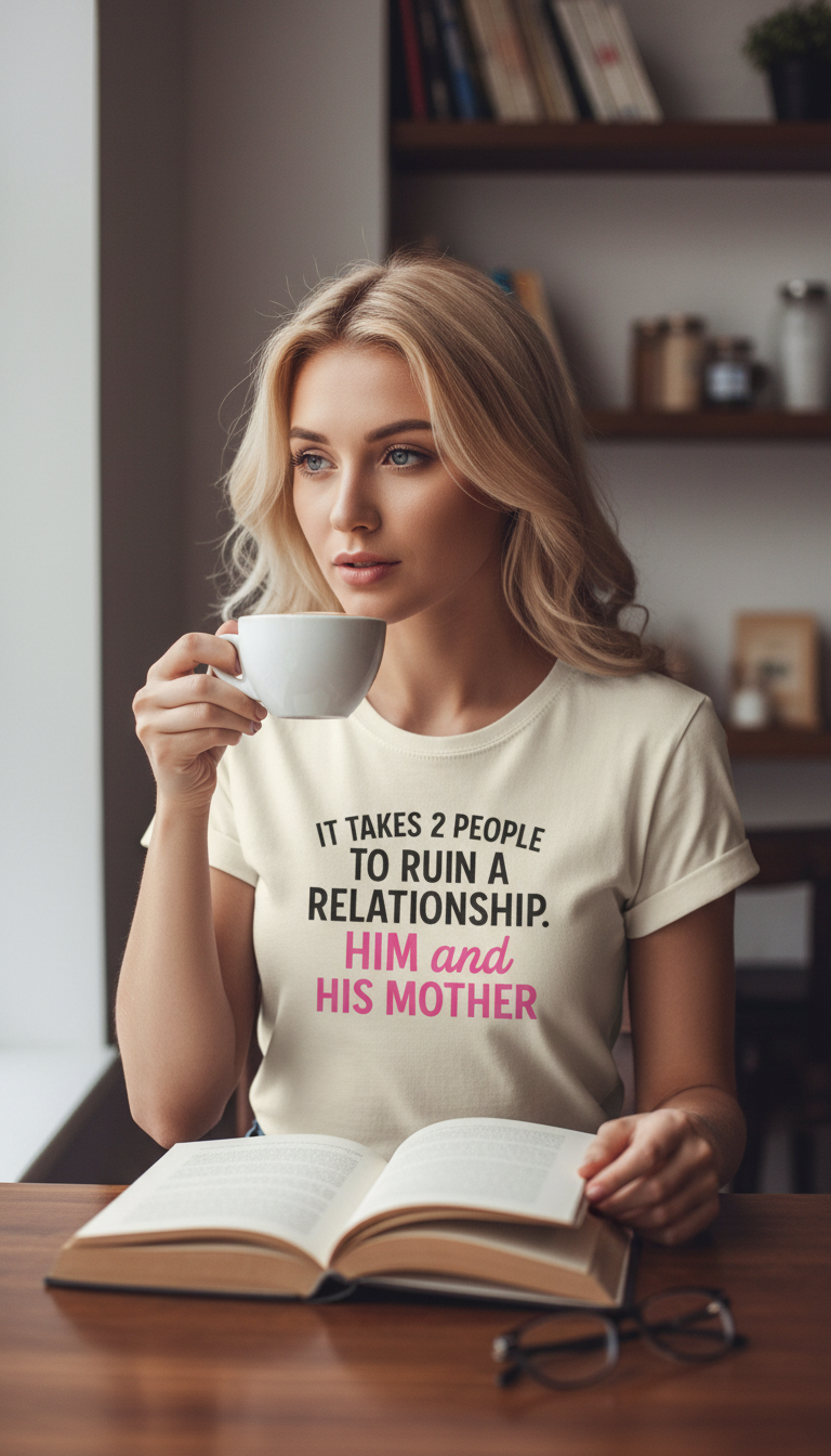 It Takes 2 People to Ruin A Relationship, Him and His Mother; Funny T-Shirt; Pink Text; Perfect Gift for a Recent Breakup or Divorce