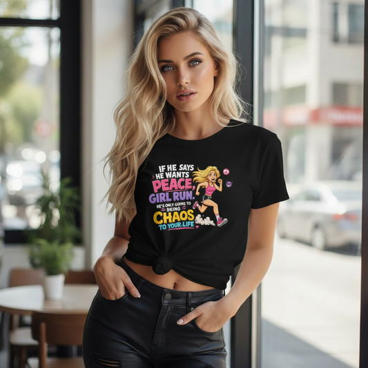 woman wearing if he wants peace girl run tee — empowerment shirt for women