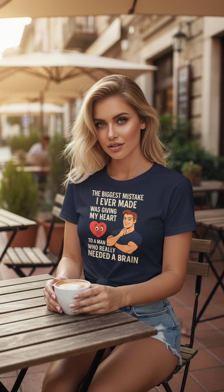 The Biggest Mistake I Ever Made Was Giving My Heart to A Man Who Needed a Brain; Funny Empowerment T-Shirt for Strong Women; White Font