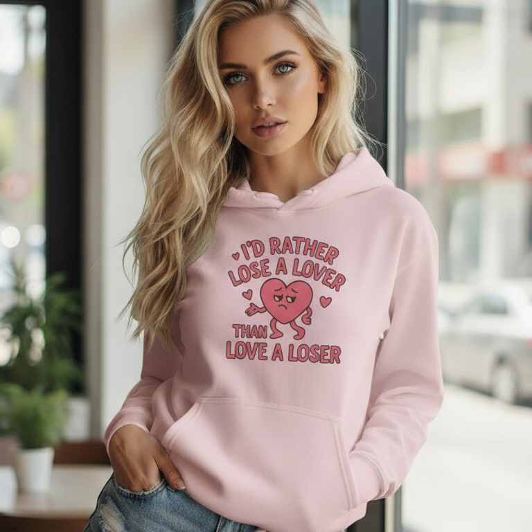 Woman wearing a pink empowerment hooded sweatshirt that says I’d rather lose a lover than love a loser