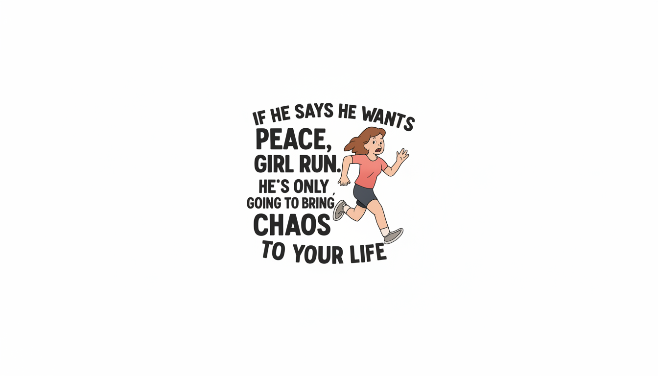 Close up of the quote on a white empowerment t-shirt that says if he says he wants peace girl run he’s only going to bring you chaos