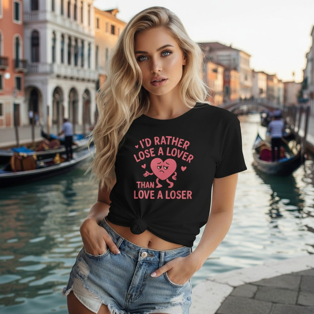 Woman wearing a black women’s empowerment t-shirt that says I’d rather lose a lover than love a loser in Venice Italy