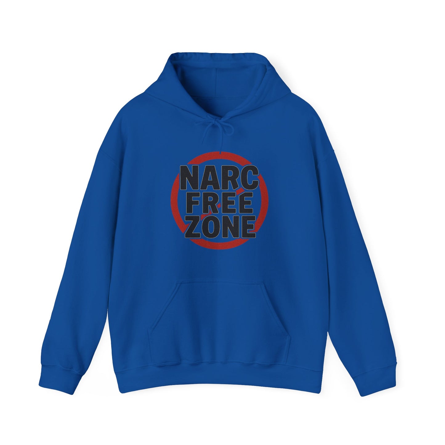 Women’s blue hooded empowerment sweatshirt with text that says narc-free zone
