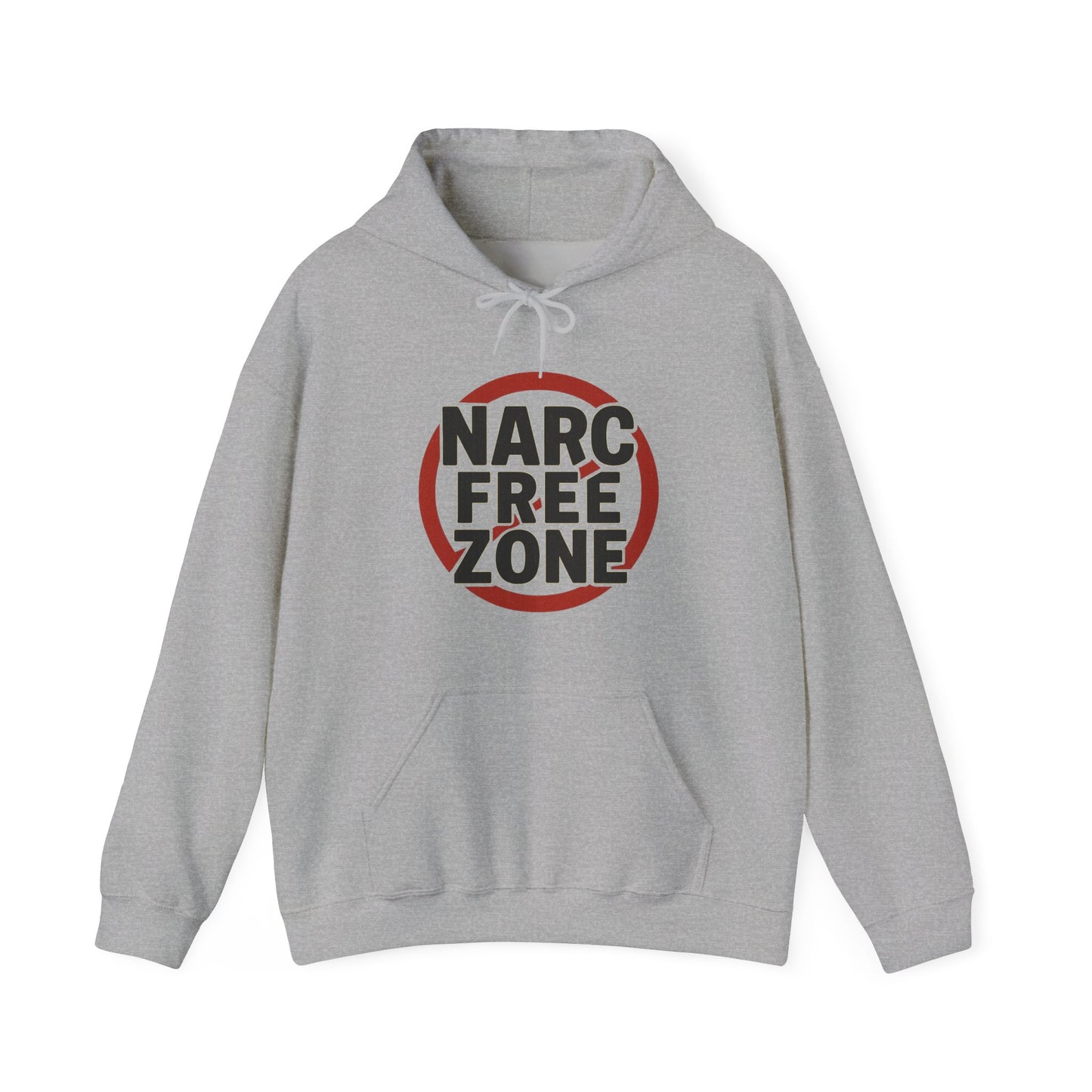 Women’s gray hooded empowerment sweatshirt with text that says narc-free zone