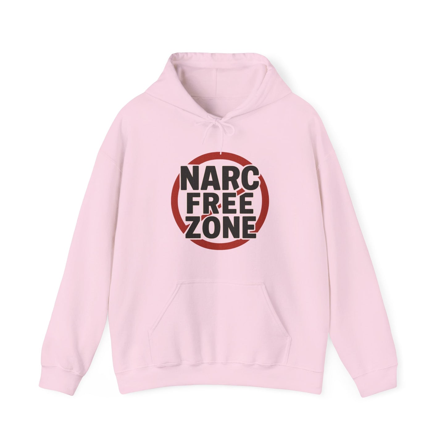 Women’s light pink hooded empowerment sweatshirt with text that says narc-free zone