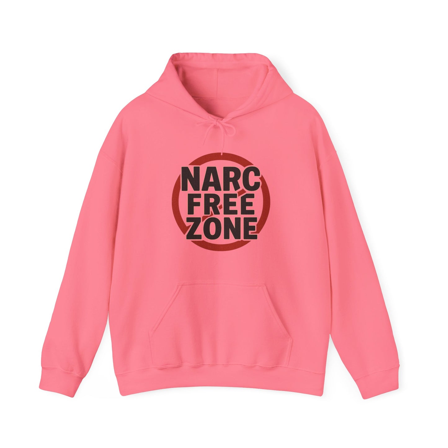 Women’s pink hooded empowerment sweatshirt with text that says narc-free zone