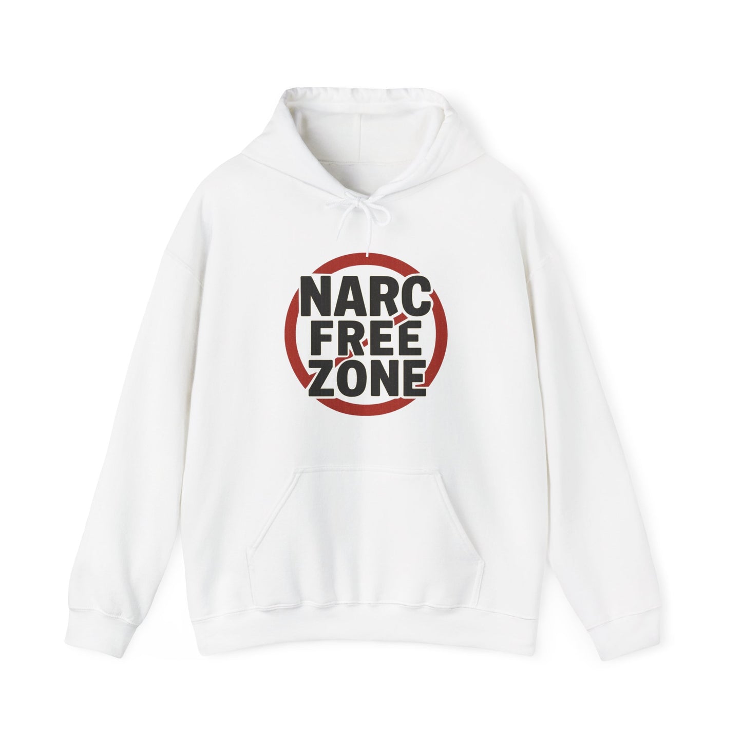Women’s white hooded empowerment sweatshirt with text that says narc-free zone