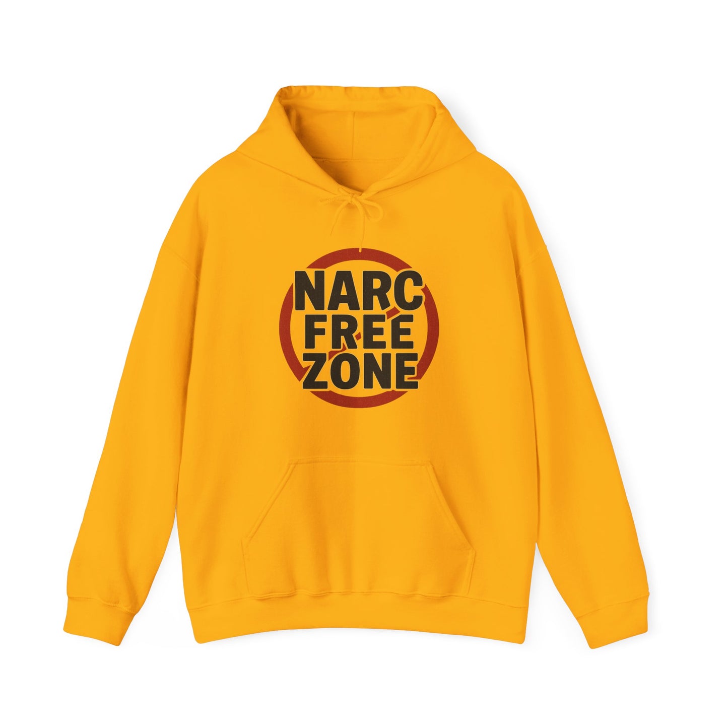 Women’s yellow hooded empowerment sweatshirt with text that says narc-free zone