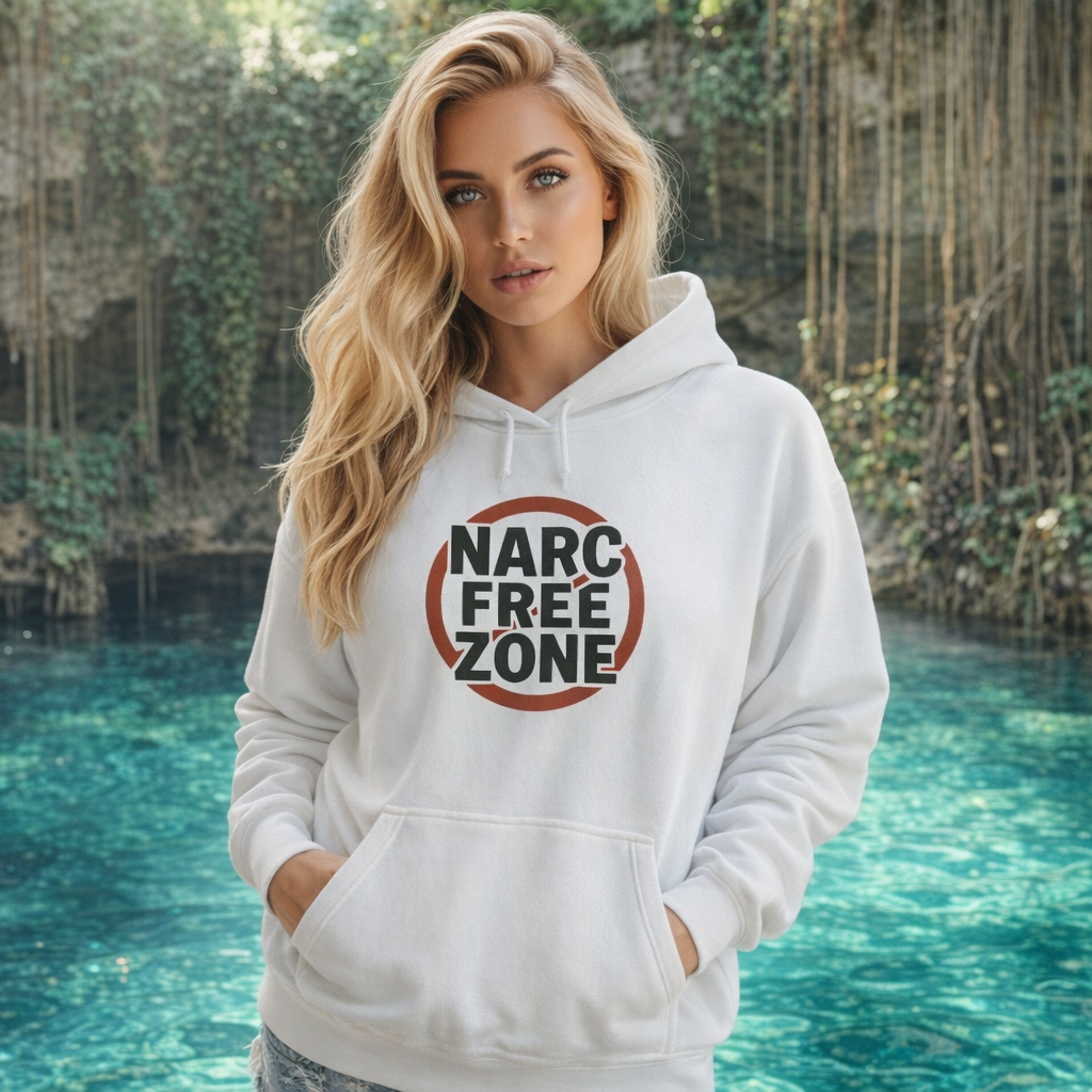 Woman wearing a white empowerment hooded sweatshirt with the quote narc free zone Mexico