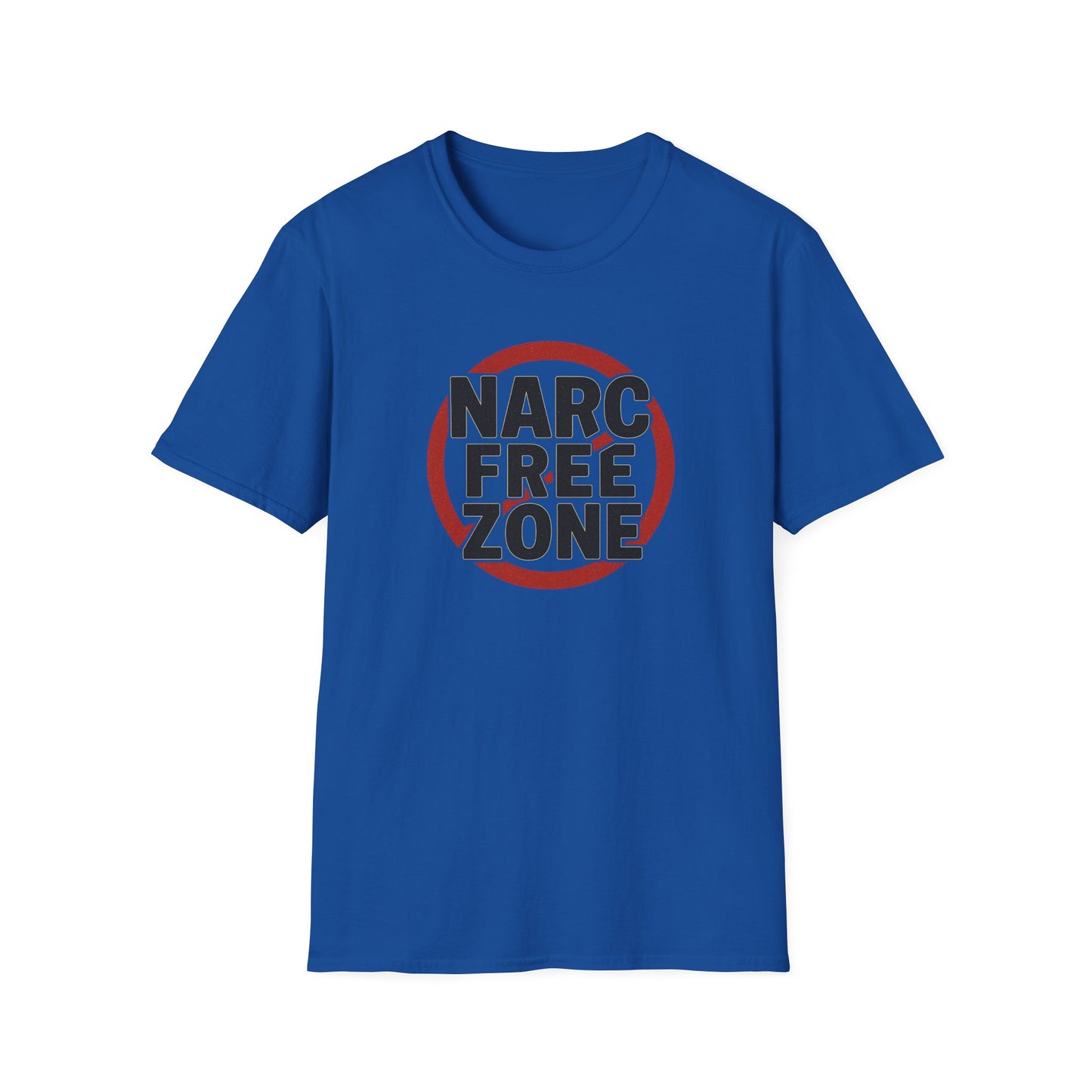 Women’s empowerment t-shirt with “Narc Free Zone” graphic design on blue background