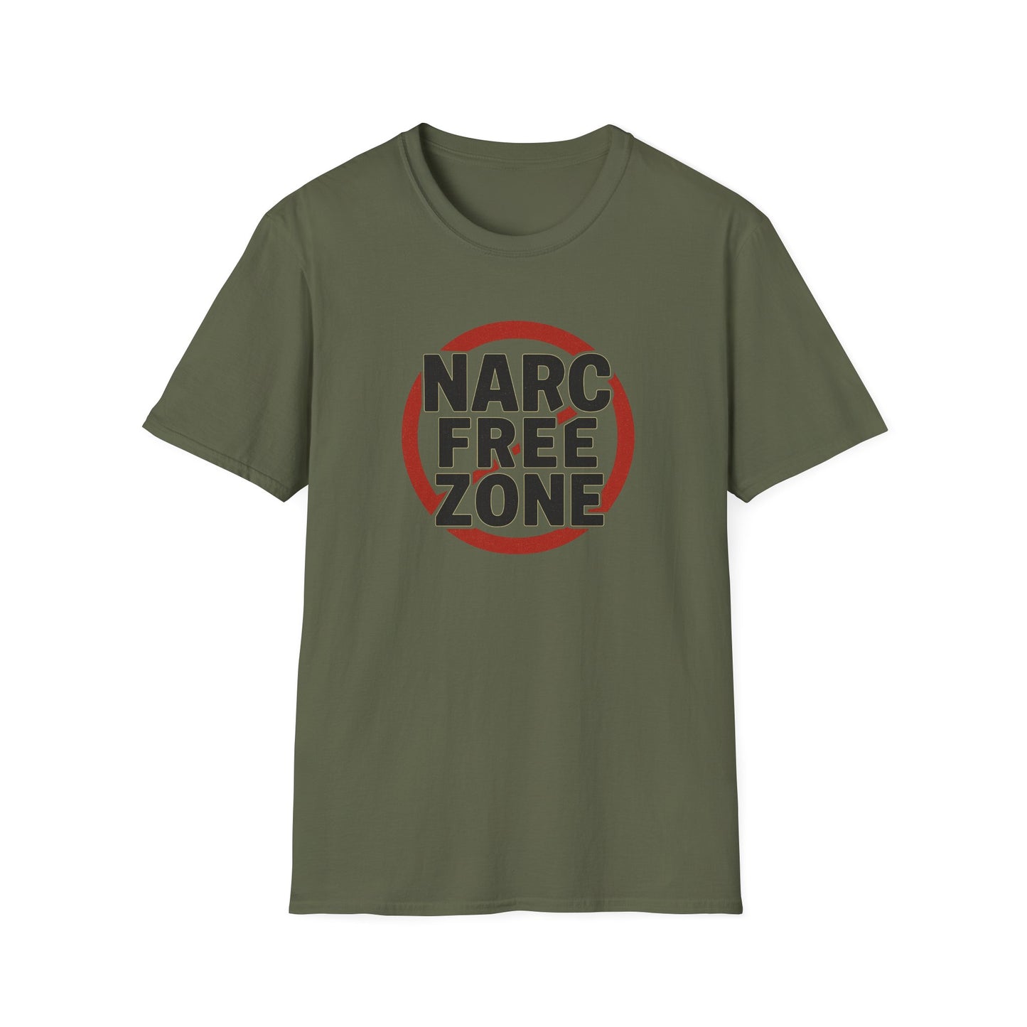 Women’s empowerment t-shirt with “Narc Free Zone” graphic design on green background