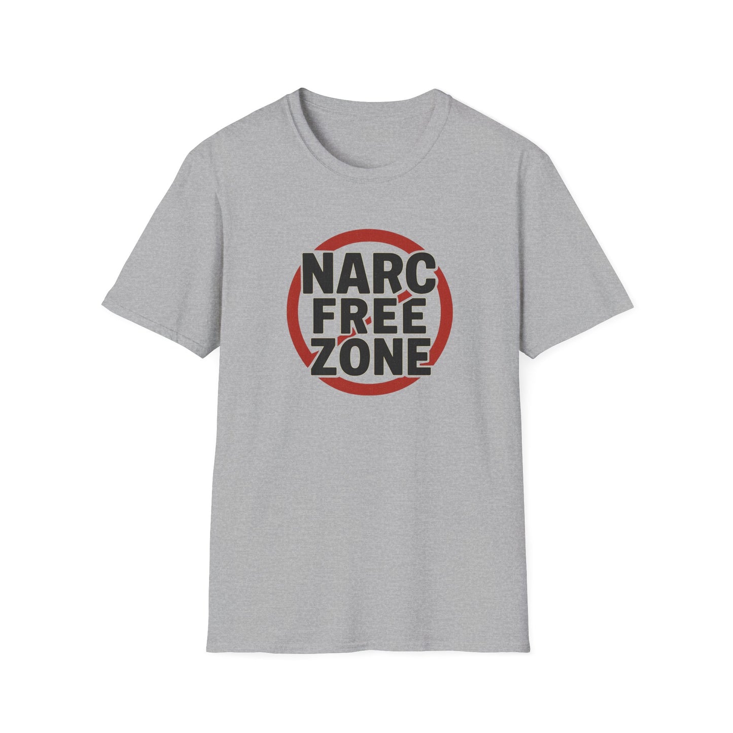 Front view of gray “Narc Free Zone” women’s graphic t-shirt