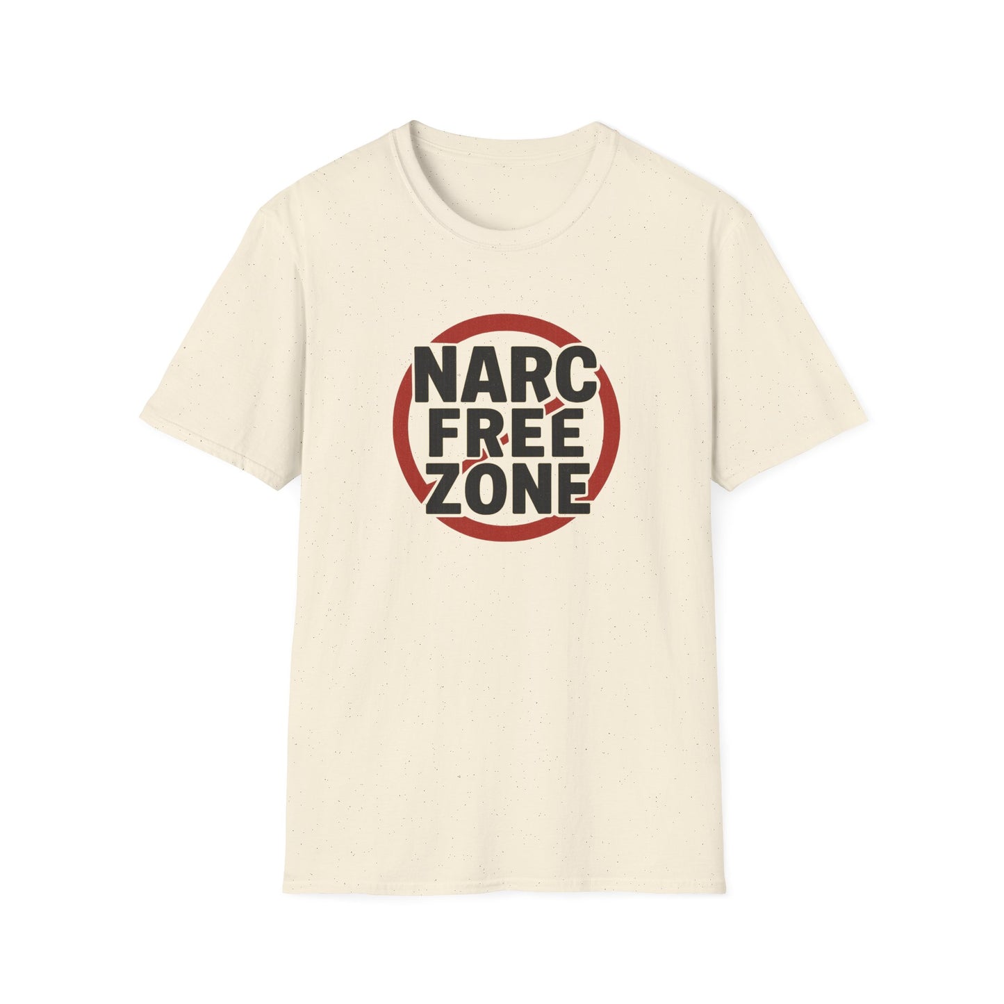 Front view of off white “Narc Free Zone” women’s graphic t-shirt