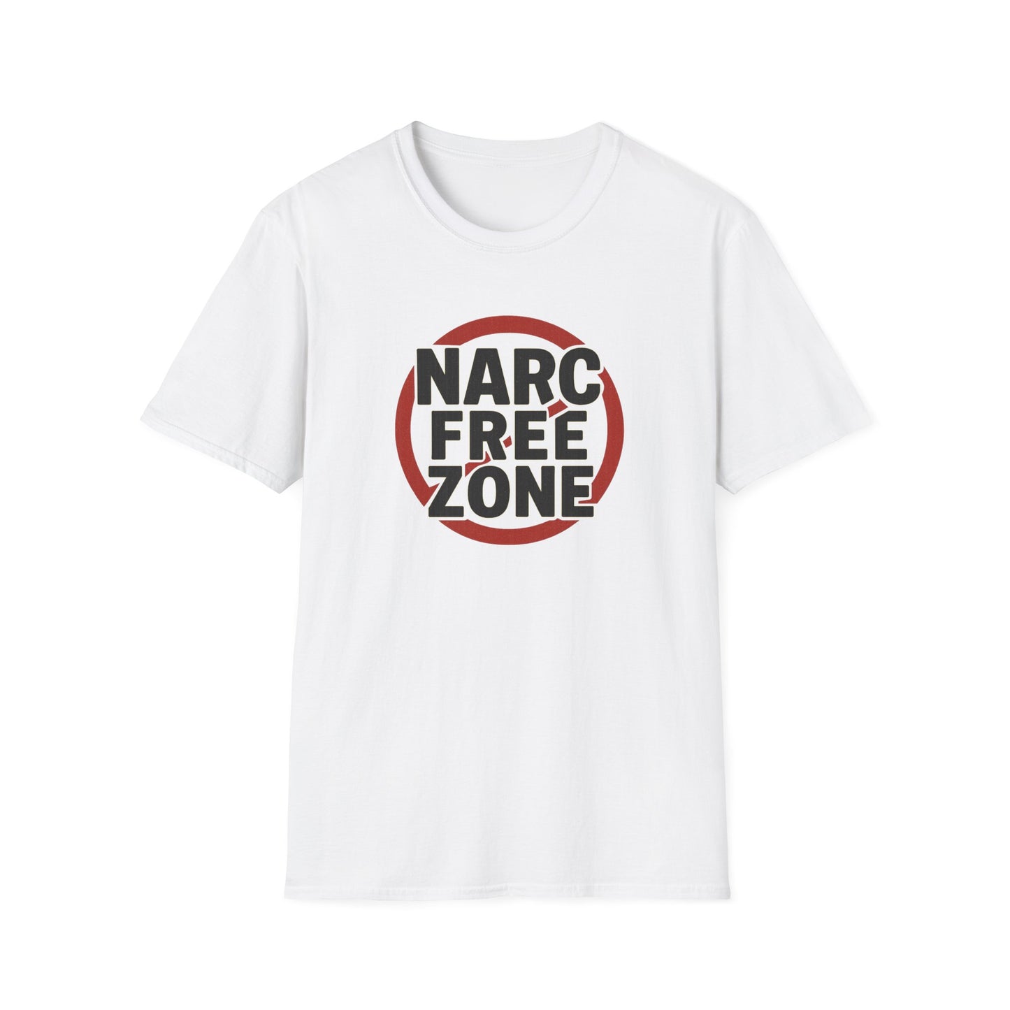 Women’s empowerment t-shirt with “Narc Free Zone” graphic design on white background