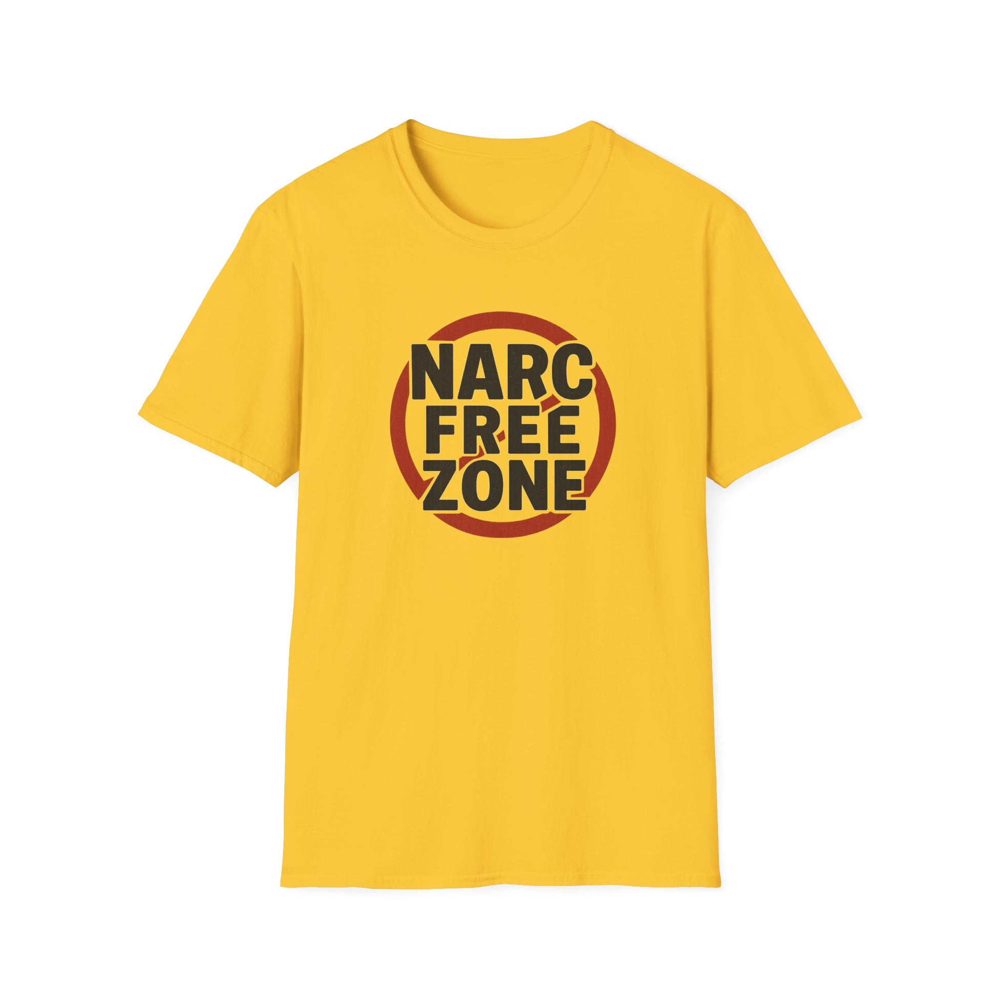Front view of yellow “Narc Free Zone” women’s graphic t-shirt