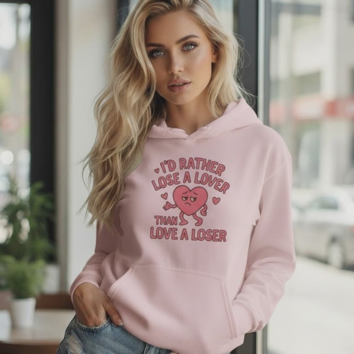 Woman wearing a pink empowerment hooded sweatshirt that says I’d rather lose a lover than love a loser video