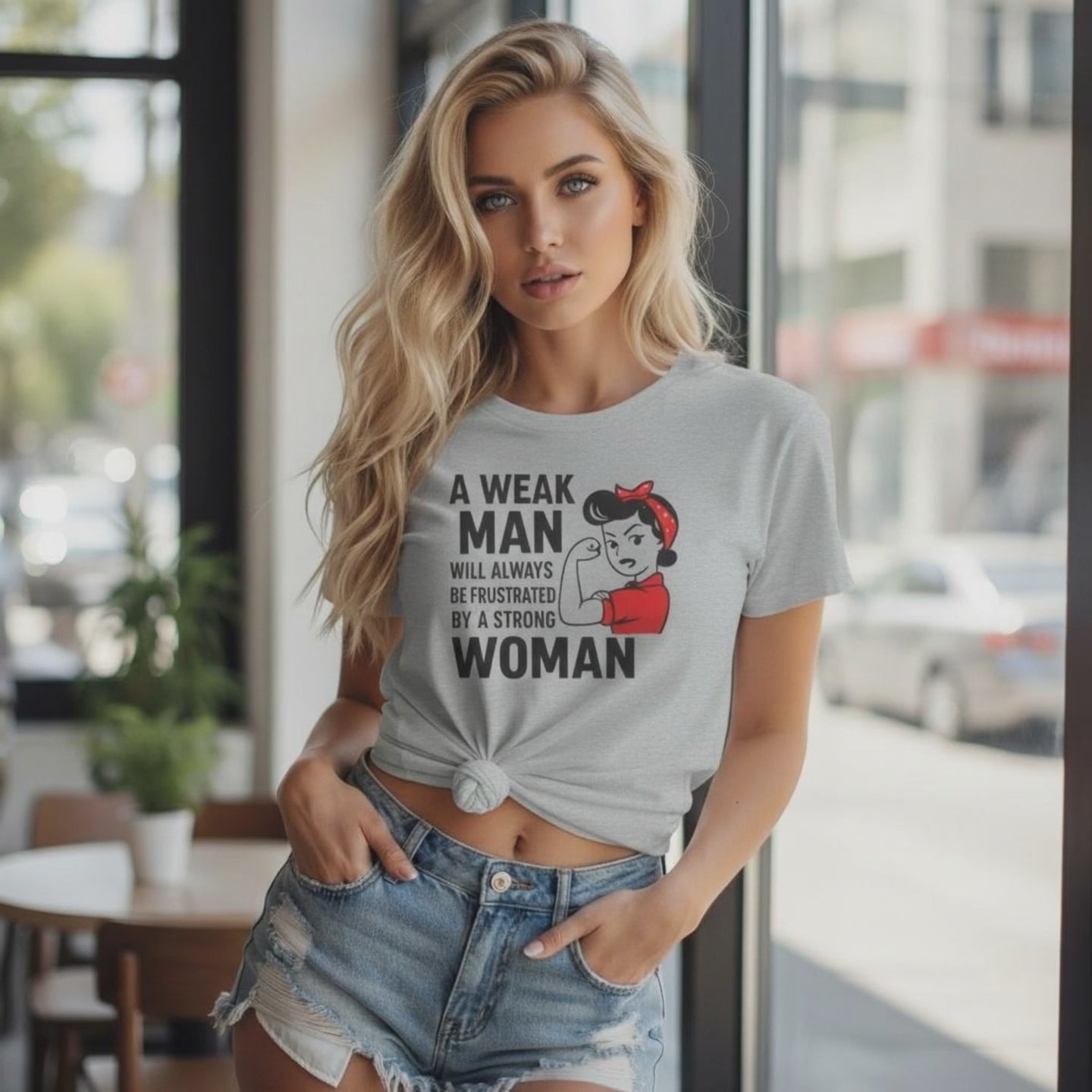 Blonde woman wearing a black empowerment t-shirt that says “A weak man will always be frustrated by a strong woman video