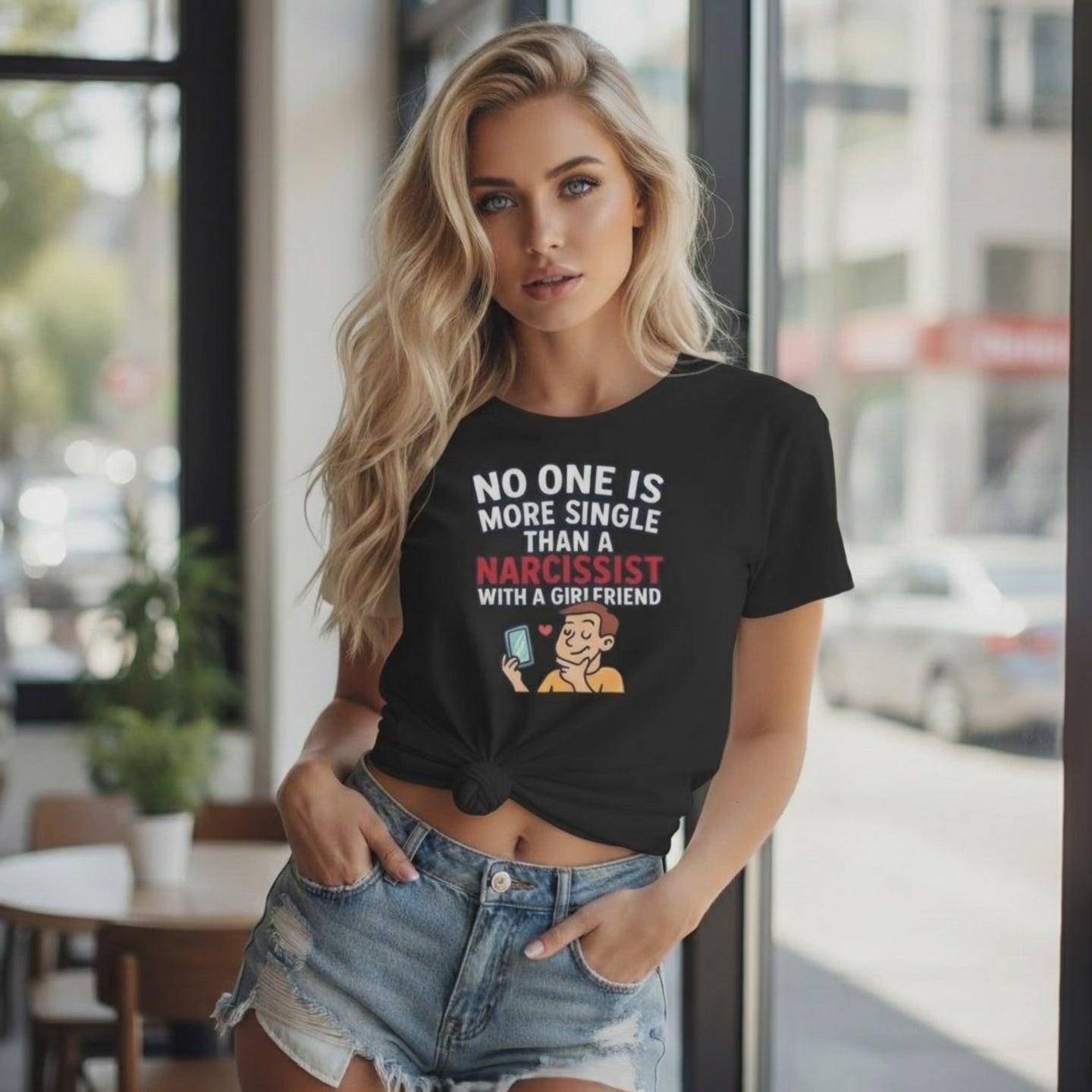 Woman wearing a black empowerment t-shirt with the quote no one is more single than a narcissist with a girlfriend video