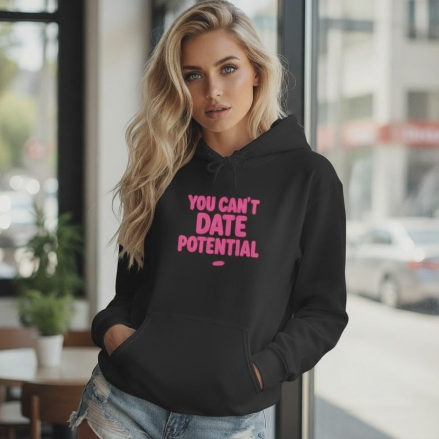 Woman wearing a black empowerment hooded sweatshirt that says you can’t date potential video