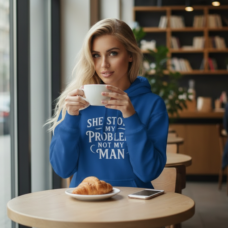Woman in a blue hoodie holding a coffee cup in a cafe setting