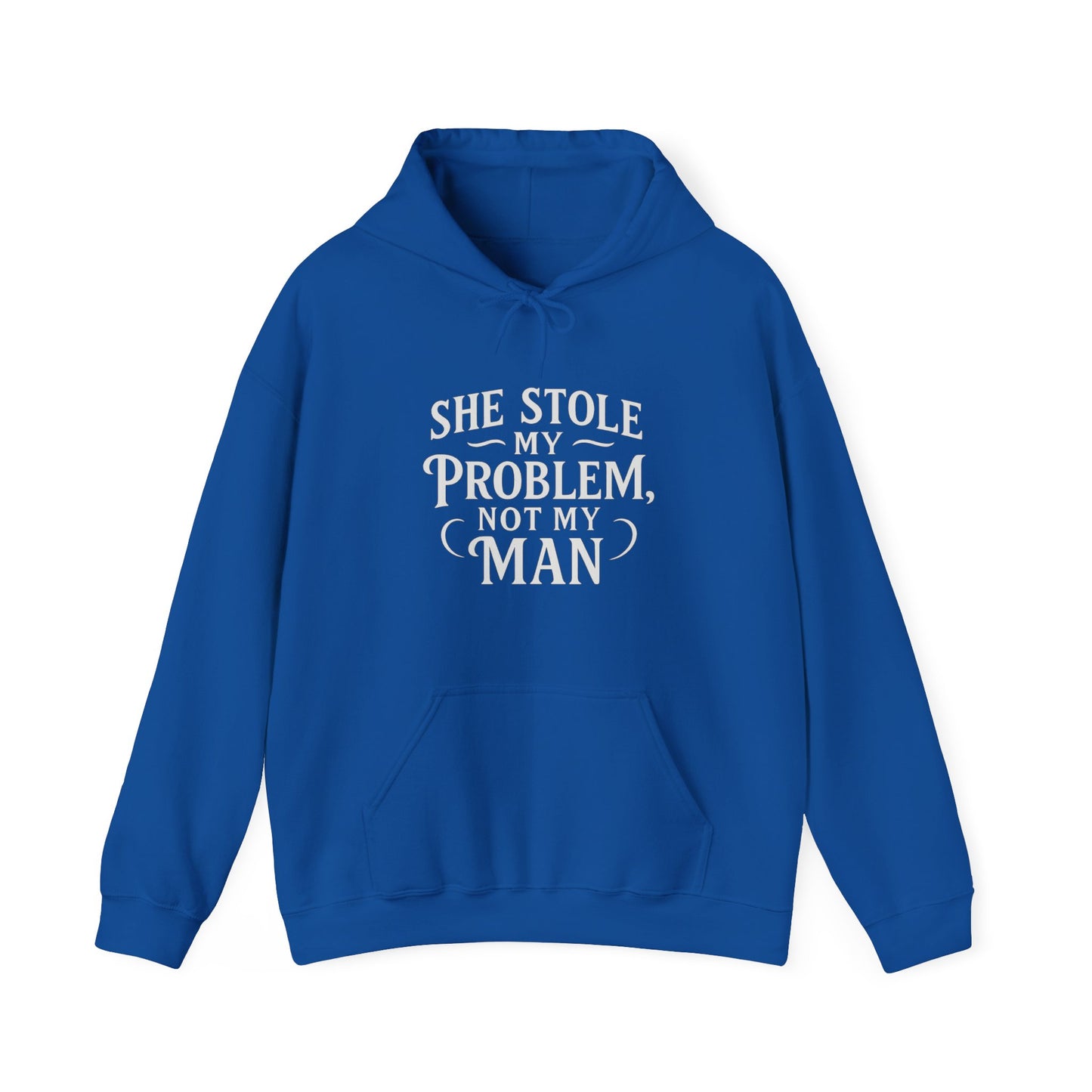 Blue hoodie with white text on a white background
