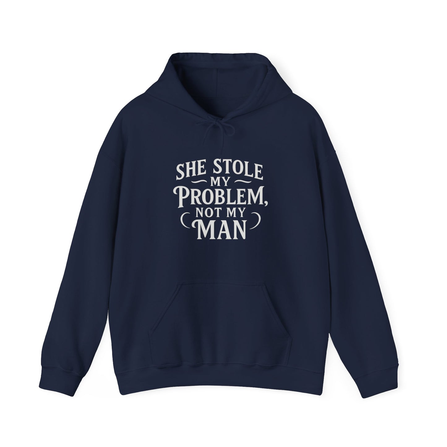 Navy blue hoodie with white text on a white background