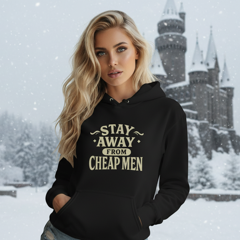 Alternate view of a woman wearing a black women’s empowerment sweatshirt that says stay away from cheap men
