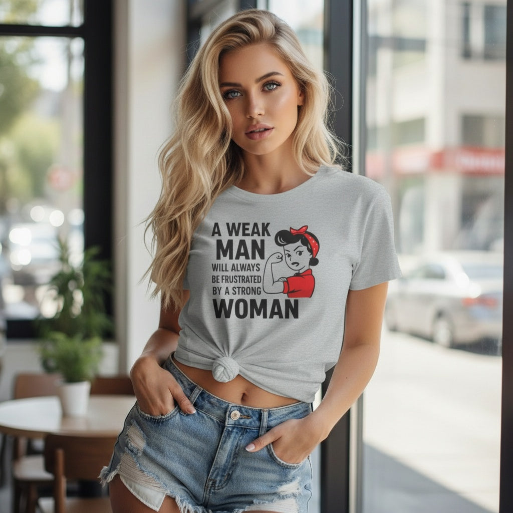 Blonde woman wearing a black empowerment t-shirt that says “A weak man will always be frustrated by a strong woman