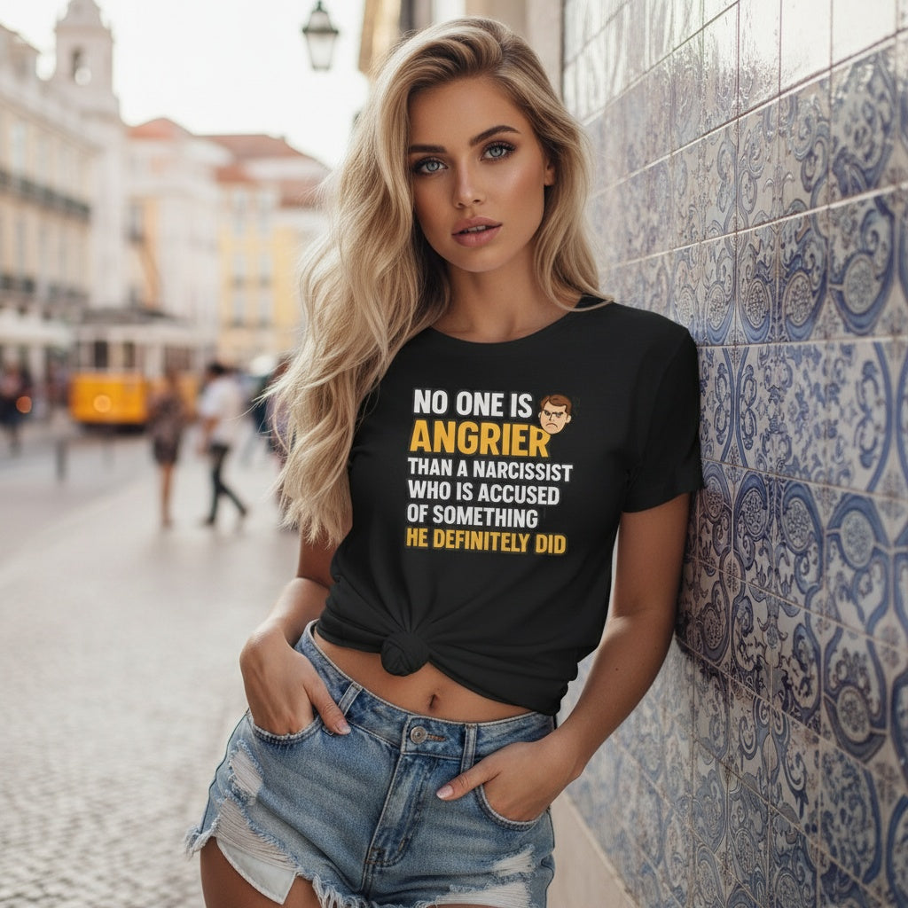 Blonde woman wearing a black narcissist breakup t-shirt with an empowerment quote for women healing from toxic relationships in lisbon