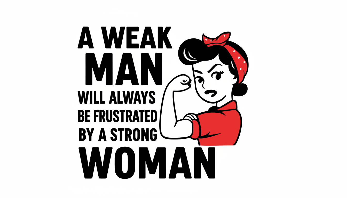 Close up of logo text that says a weak man will always be frustrated by a strong woman