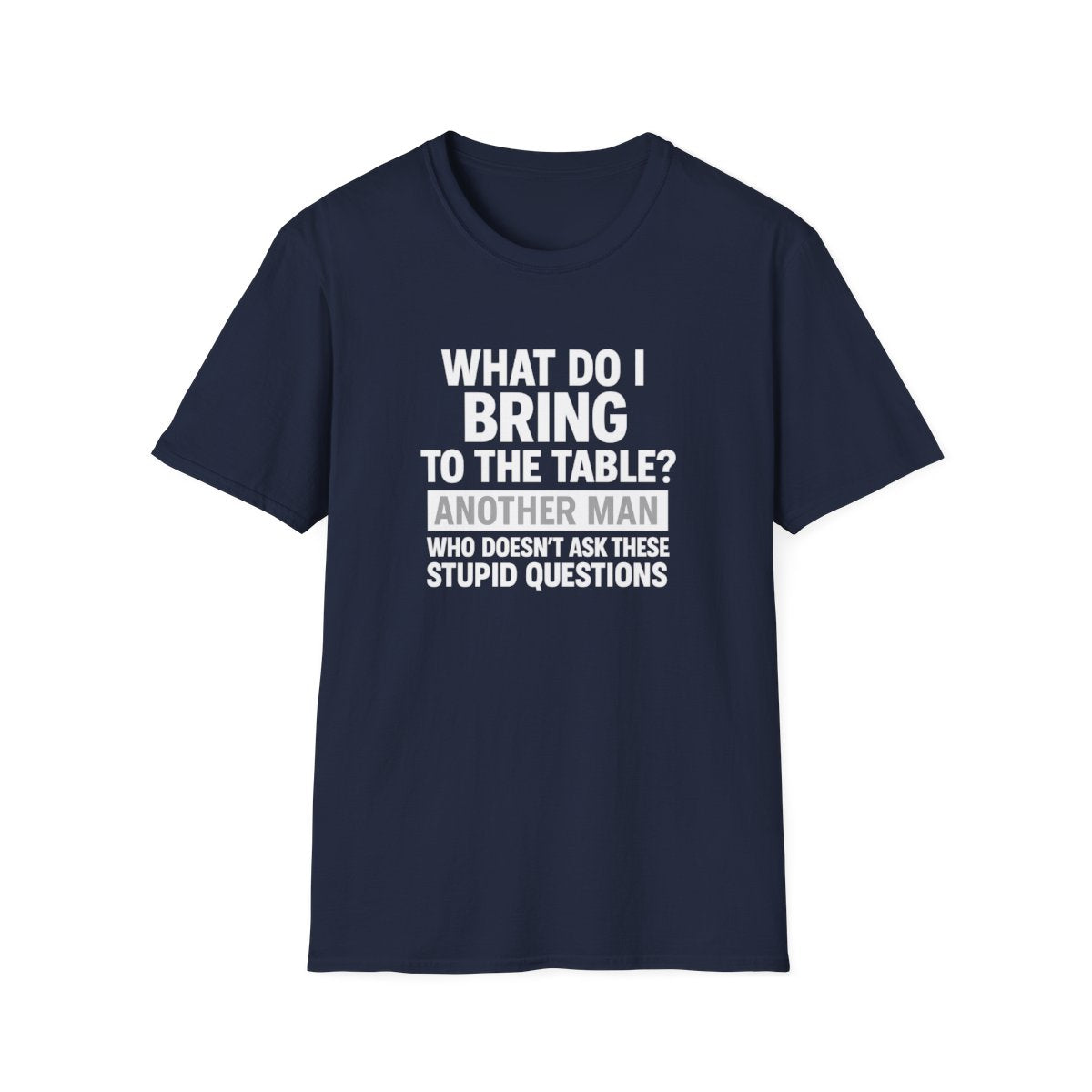 Navy women’s graphic empowerment t-shirt flat lay with the quote what do I bring to the table
