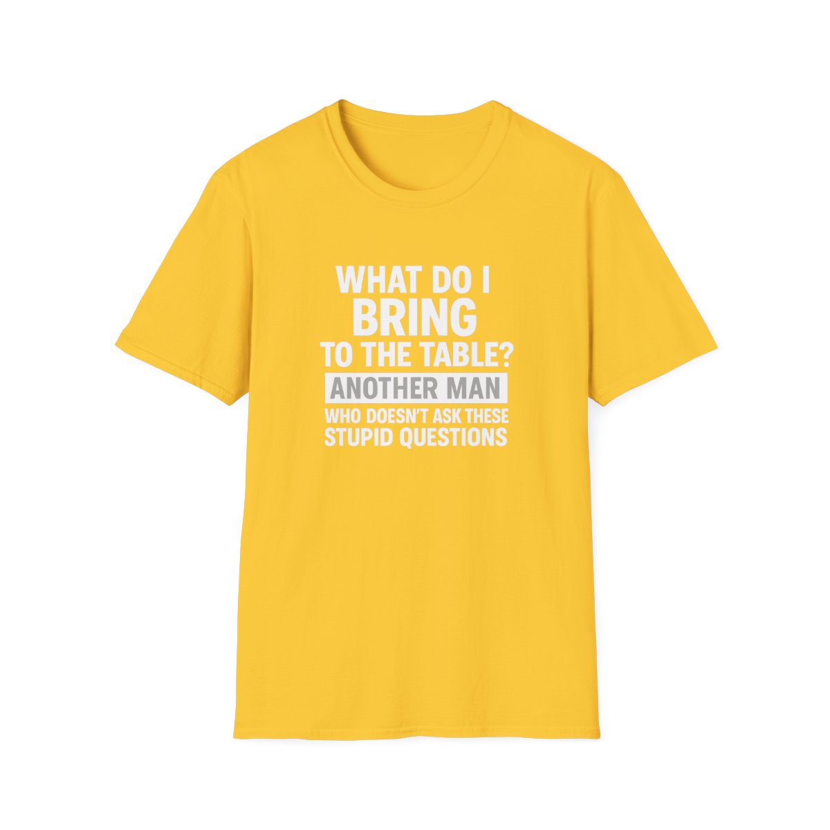 Yellow women’s graphic empowerment t-shirt flat lay with the quote what do I bring to the table
