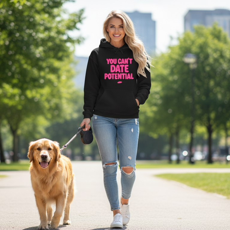 Lifestyle photo of a woman styling a red empowerment hooded sweatshirt that says you can’t date potential