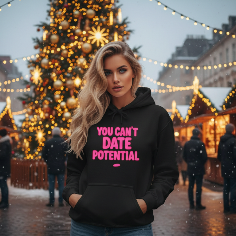 Alternate view of a woman wearing a red empowerment hooded sweatshirt that says you can’t date potential