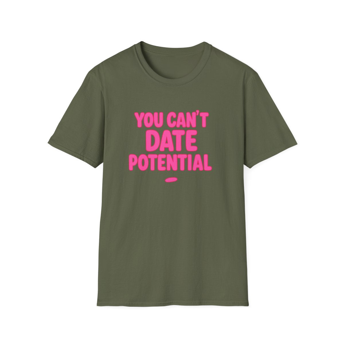 Green women’s empowerment graphic t-shirt flat lay with the quote you can’t date potentia